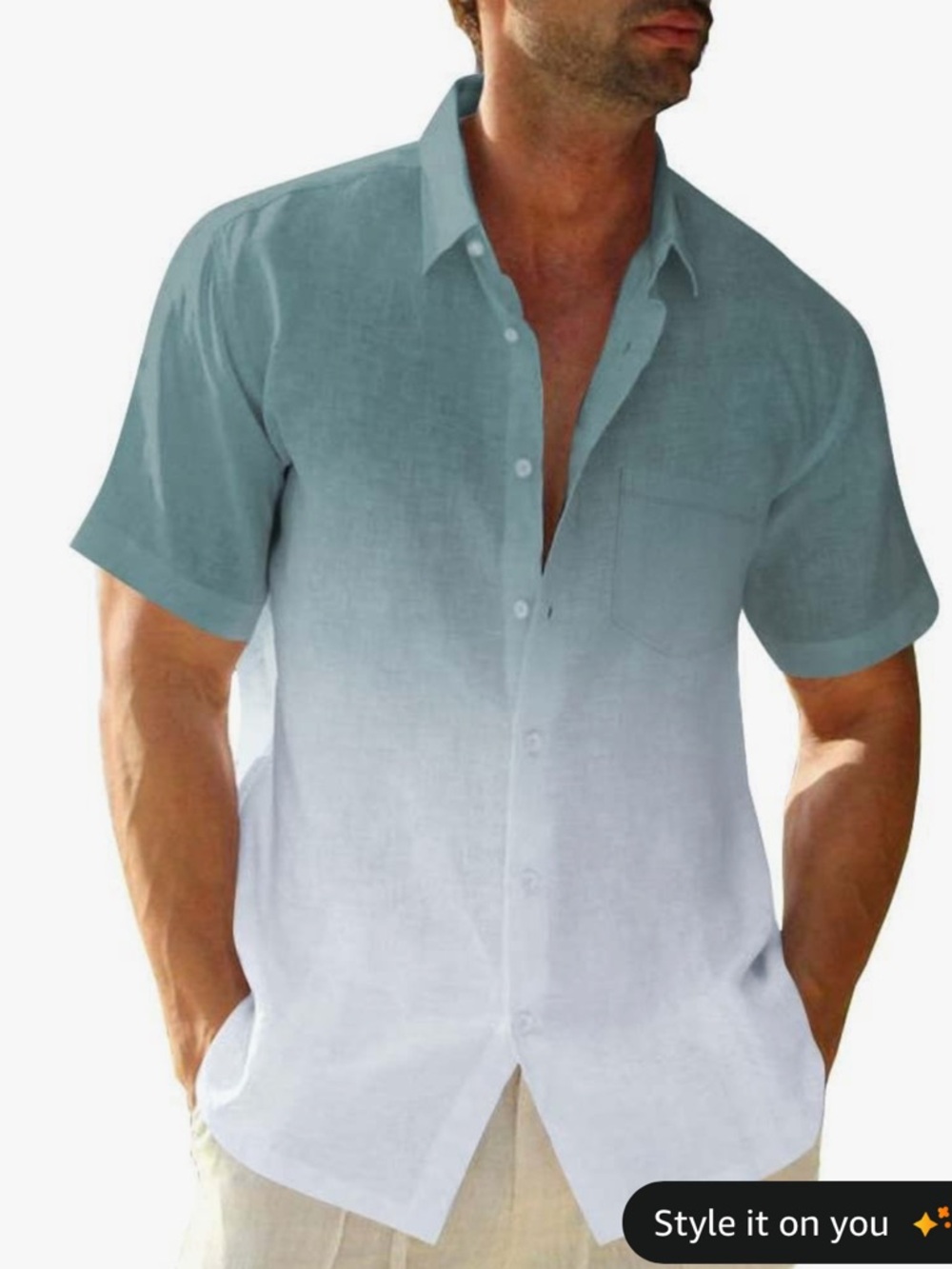 Men's BEOTYSHOW Ombre Short Sleeve Button-Up Shirt - Teal to White